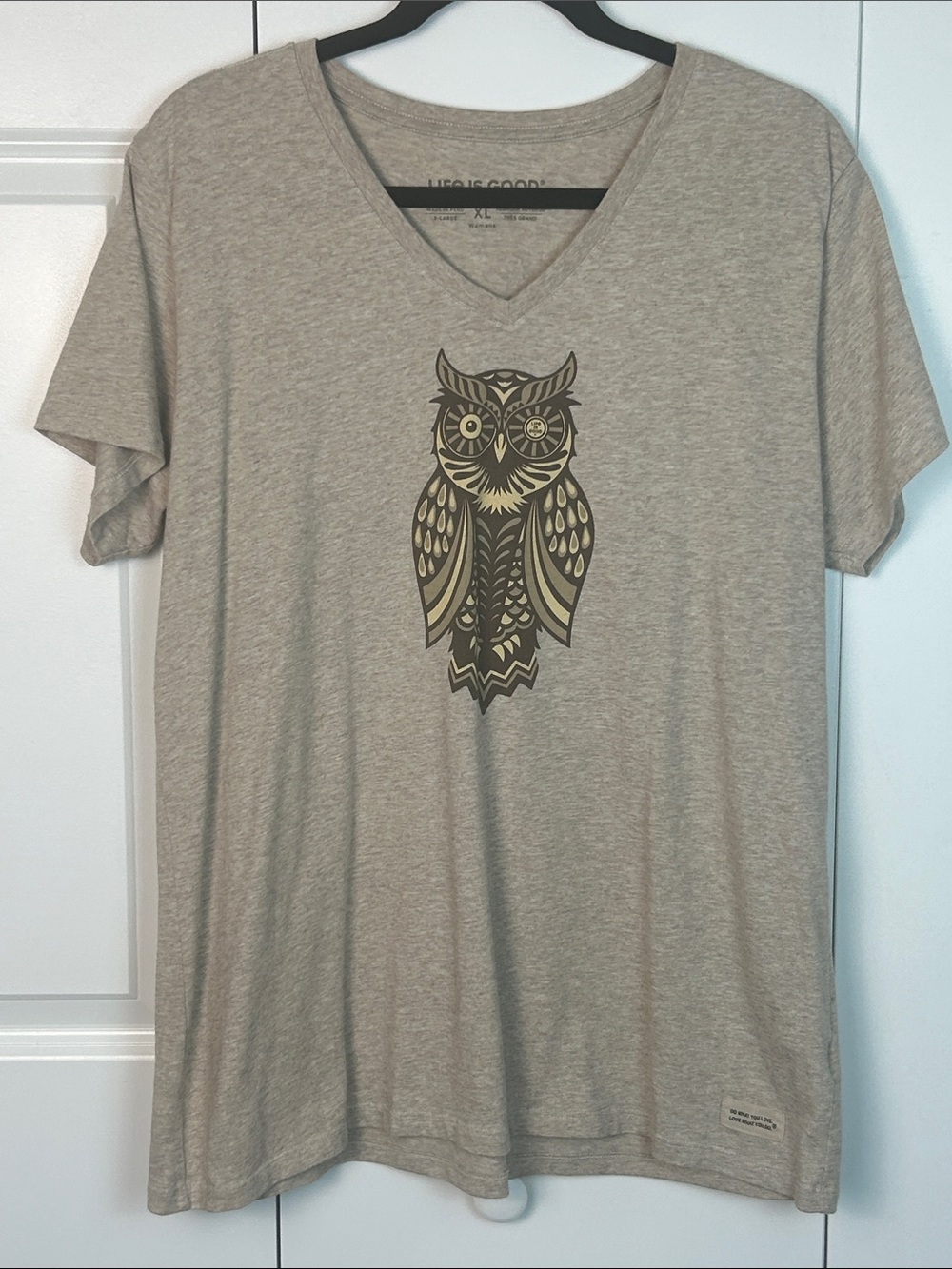 Life Is Good Tan V-Neck Tee with Stylized Owl Graphic